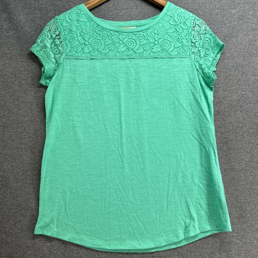 Liz Claiborne T-Shirt Womens Small Green Lace Yoke Short Sleeve Casual Blouse